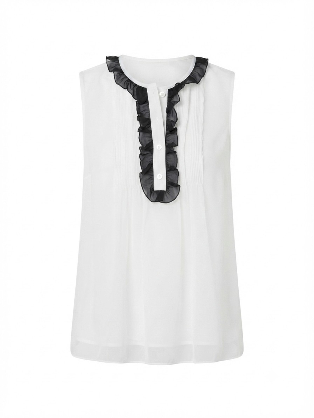 Diane Von Furstenberg White Sleeveless Camisole with Black Ruffle Trim
